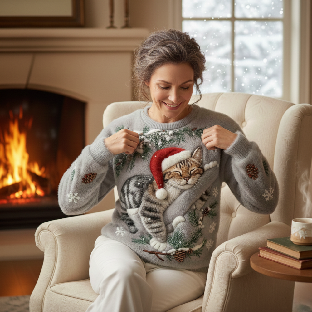 NieveSuave™ Verde Festivo | Jersey Invernal Afelpado con Gato Navideño