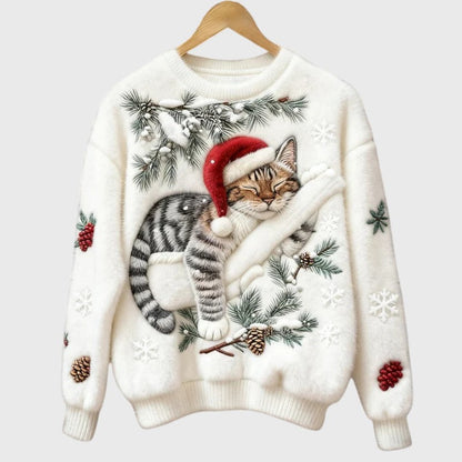 NieveSuave™ Verde Festivo | Jersey Invernal Afelpado con Gato Navideño