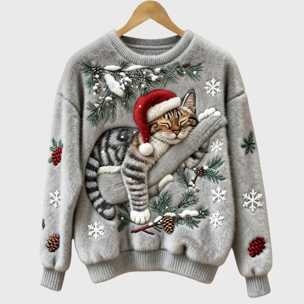 NieveSuave™ Verde Festivo | Jersey Invernal Afelpado con Gato Navideño