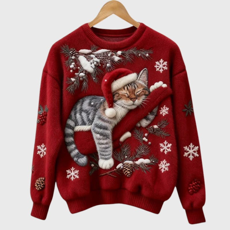 NieveSuave™ Verde Festivo | Jersey Invernal Afelpado con Gato Navideño