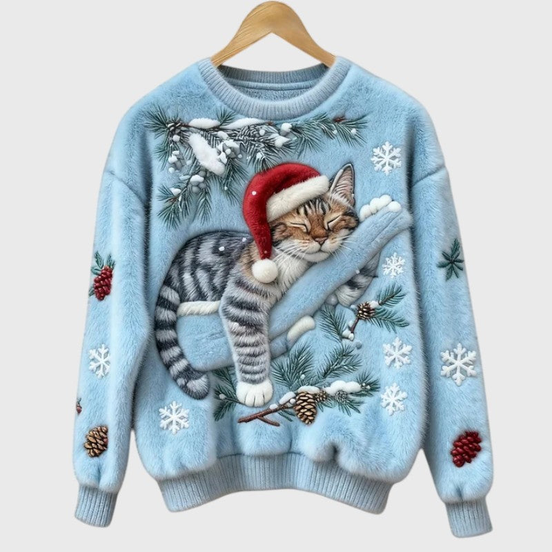 NieveSuave™ Verde Festivo | Jersey Invernal Afelpado con Gato Navideño