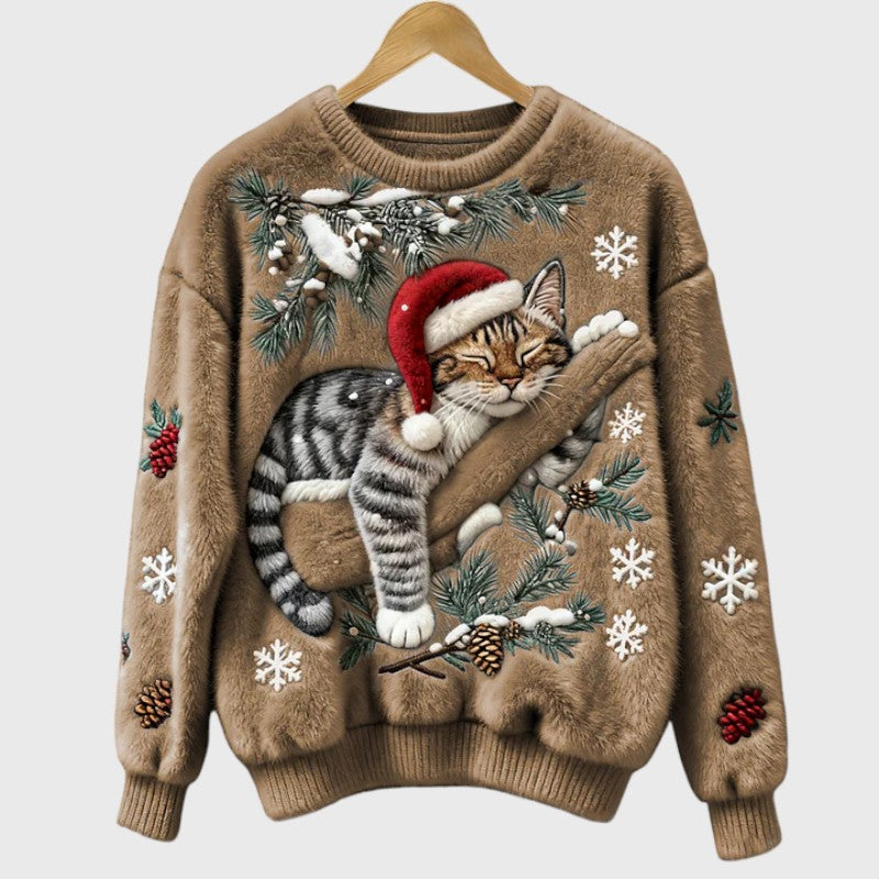 NieveSuave™ Verde Festivo | Jersey Invernal Afelpado con Gato Navideño