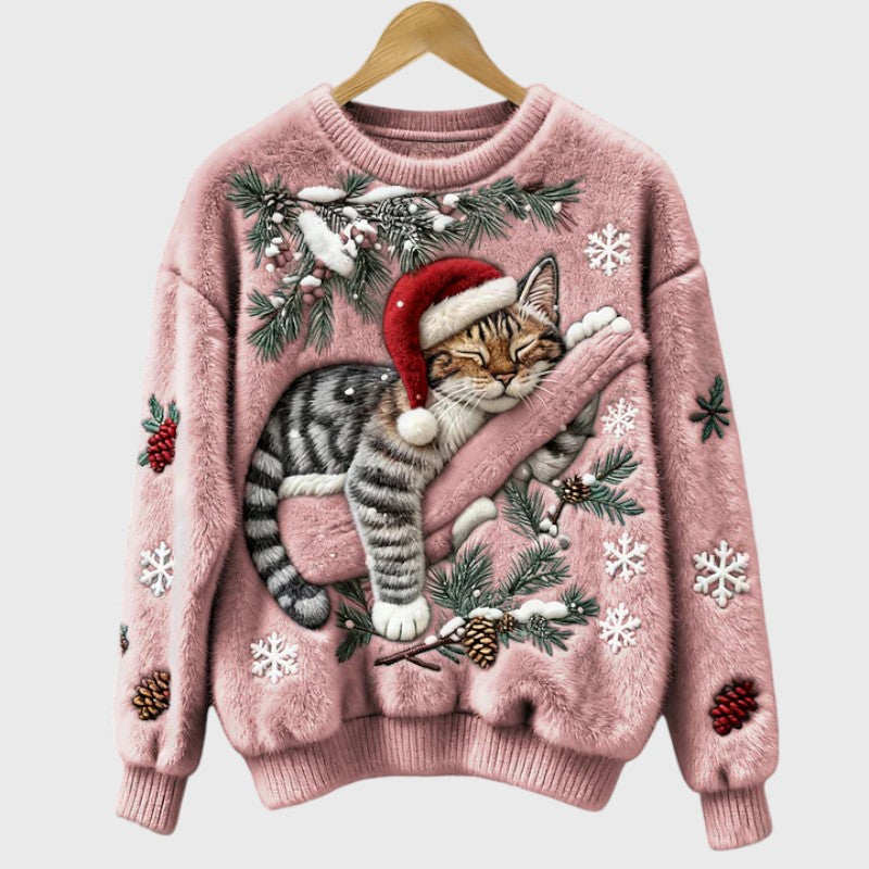 NieveSuave™ Verde Festivo | Jersey Invernal Afelpado con Gato Navideño