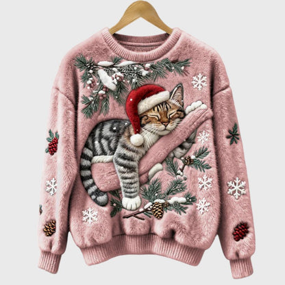 NieveSuave™ Verde Festivo | Jersey Invernal Afelpado con Gato Navideño