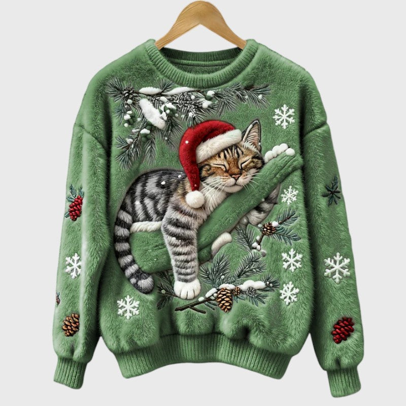 NieveSuave™ Verde Festivo | Jersey Invernal Afelpado con Gato Navideño